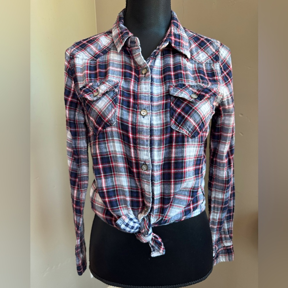 Vanilla Star Plaid Red, White & Blue Shirt Button Down Shirt Junior Size Large